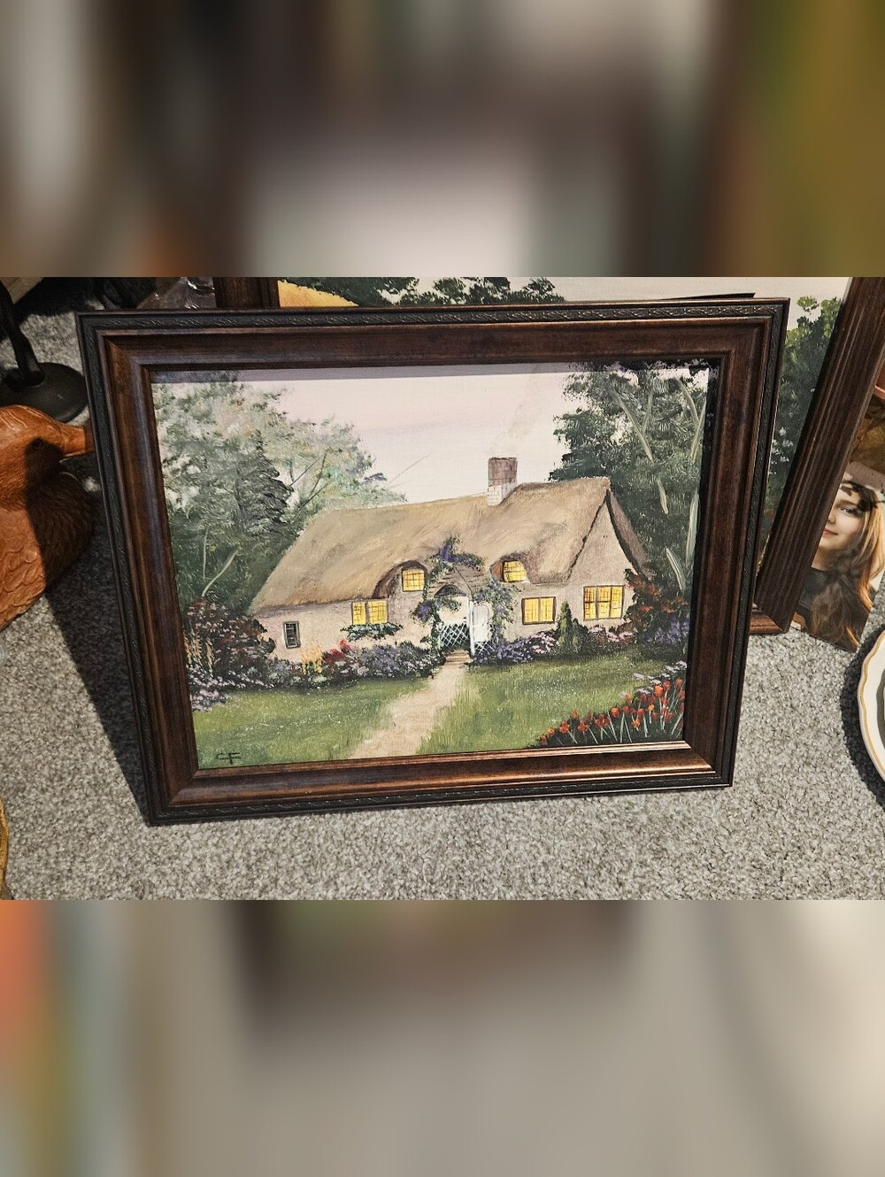Handpainted Cottage Picture With Wood Frame